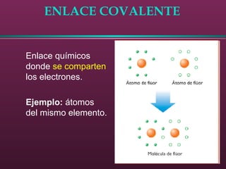ENLACE COVALENTE
Enlace químicos
donde se comparten
los electrones.
Ejemplo: átomos
del mismo elemento.
 