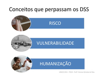 Conceitos que perpassam os DSS
RISCO
VULNERABILIDADE
HUMANIZAÇÃO
UNICID 2015 - PISCO - Profª. Simone Almeida da Silva
 