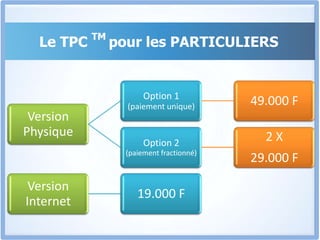 Le TPC TM  pour les entreprisesL’investissement pour le TPC est un paiement unique de 875.000 FTTC, pour les entreprises.Vous pouvez l’utiliser pour former 1, 2 ou 5 commerciaux, vous n’avez plus rien à payer.