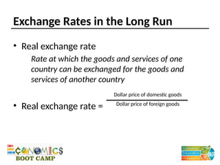 Exchange Rates in the Long Run
• Real exchange rate
Rate at which the goods and services of one
country can be exchanged for the goods and
services of another country
• Real exchange rate =
Dollar price of domestic goods
Dollar price of foreign goods
 