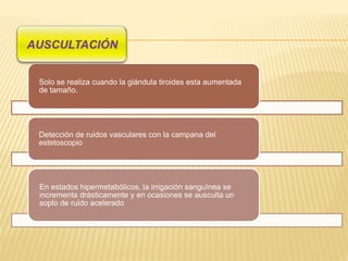 Solo se realiza cuando la glándula tiroides esta aumentada
de tamaño.
Detección de ruidos vasculares con la campana del
estetoscopio
En estados hipermetabólicos, la irrigación sanguínea se
incrementa drásticamente y en ocasiones se ausculta un
soplo de ruido acelerado
 