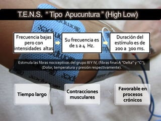 T.E.N.S. “ Tipo Apucuntura ” (High Low)


 Frecuencia bajas                                                Duración del
                               Su frecuencia es
     pero con                                                   estímulo es de
                                 de 1 a 4 Hz.
intensidades altas                                              200 a 300 ms.

 Estimula las fibras nociceptivas del grupo III Y IV, (fibras finas A “Delta” y “C”),
                (Dolor, temperatura y presión respectivamente).




                                                                   Favorable en
                                Contracciones
 Tiempo largo                                                        procesos
                                 musculares
                                                                     crónicos
 