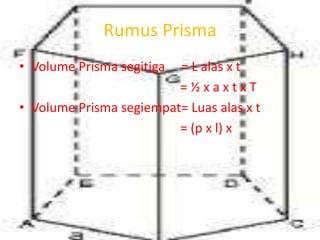 Rumus Prisma
• Volume Prisma segitiga = L alas x t
= ½ x a x t x T
• Volume Prisma segiempat= Luas alas x t
= (p x l) x
 