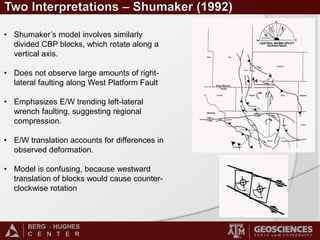BERG - HUGHES
C E N T E R
• Shumaker’s model involves similarly
divided CBP blocks, which rotate along a
vertical axis.
• Does not observe large amounts of right-
lateral faulting along West Platform Fault
• Emphasizes E/W trending left-lateral
wrench faulting, suggesting regional
compression.
• E/W translation accounts for differences in
observed deformation.
• Model is confusing, because westward
translation of blocks would cause counter-
clockwise rotation
 