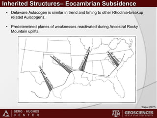 BERG - HUGHES
C E N T E R
• Delaware Aulacogen is similar in trend and timing to other Rhodinia-breakup
related Aulacogens.
• Predetermined planes of weaknesses reactivated during Ancestral Rocky
Mountain uplifts.
Walper (1977)
 