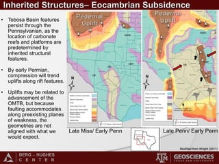BERG - HUGHES
C E N T E R
• Tobosa Basin features
persist through the
Pennsylvanian, as the
location of carbonate
reefs and platforms are
predetermined by
inherited structural
features.
• By early Permian,
compression will trend
uplifts along rift features.
• Uplifts may be related to
advancement of the
OMTB, but because
faulting accommodates
along preexisting planes
of weakness, the
geometries are not
aligned with what we
would expect.
Late Penn/ Early PermLate Miss/ Early Penn
Modified from Wright (2011)
 