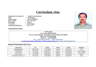 Curriculum vitae
Application for the post of :- Stage3 Crane Operator
Name :- Ainul Haque
Father’s name : - Late Abdul Rauf
Date of Birth : - 05th
may 1974
Nationality : - Indian
Next of Kin : - Nazia Haque
Academic qualification : - H.S (10+2)
Communication Address
C/O-Dr.Fateh
New Colony Milki Mohalla
Post-Ara, Dist.-Bhojpur, State-Bihar,Country-INDIA,PIN-802301
Home Tel.+91 9934143388
Mobile No- +919934000905
IM- Gtalk- haque.ainul74 Skype- haqueainul
E.mail-haque.ainul@rediffmail.com /haque.ainul@yahoo.co.in / haque.ainul74@gmail.com
Details Of Passport& CDC/Visa’s
Document No D/O/I P/O/I D/O/E Authority
Marshall Island MH141983 31/07/2008 Virginia 30/07/2013 M.I
PASSPORT Z3227873 25/08/2015 Patna 24/08/2025 Govt.of India
CDC Indian CL 61048 08/02/2012 Kolkata 07/02/2022 Govt.of India
CDC Panama CT 587505 10/08/2005 Manila 10/08/2010 Panama
B1/B2 OCS USA Visa 89153278 27/06/2007 N.Delhi 25/06/2017 USA
 