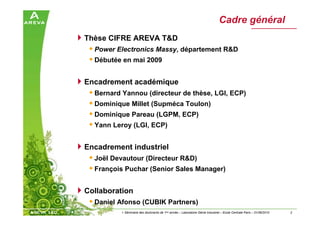 2> Séminaire des doctorants de 1ère année – Laboratoire Génie Industriel – Ecole Centrale Paris – 01/06/2010
Cadre général
Thèse CIFRE AREVA T&D
Power Electronics Massy, département R&D
Débutée en mai 2009
Encadrement académique
Bernard Yannou (directeur de thèse, LGI, ECP)
Dominique Millet (Supméca Toulon)
Dominique Pareau (LGPM, ECP)
Yann Leroy (LGI, ECP)
Encadrement industriel
Joël Devautour (Directeur R&D)
François Puchar (Senior Sales Manager)
Collaboration
Daniel Afonso (CUBIK Partners)
 