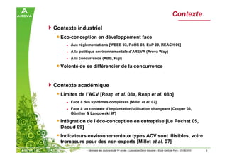 5> Séminaire des doctorants de 1ère année – Laboratoire Génie Industriel – Ecole Centrale Paris – 01/06/2010
Contexte
Contexte industriel
Eco-conception en développement face
Aux réglementations [WEEE 03, RoHS 03, EuP 09, REACH 06]
À la politique environnementale d’AREVA (Areva Way)
À la concurrence (ABB, Fuji)
Volonté de se différencier de la concurrence
Contexte académique
Limites de l’ACV [Reap et al. 08a, Reap et al. 08b]
Face à des systèmes complexes [Millet et al. 07]
Face à un contexte d’implantation/utilisation changeant [Cooper 03,
Günther & Langowski 97]
Intégration de l’éco-conception en entreprise [Le Pochat 05,
Daoud 09]
Indicateurs environnementaux types ACV sont illisibles, voire
trompeurs pour des non-experts [Millet et al. 07]
 