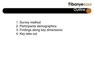 Outline
1. Survey method
2. Participants demographics
3. Findings along key dimensions
4. Key take out
 