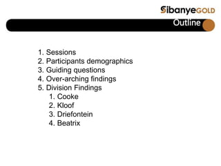 Outline
1. Sessions
2. Participants demographics
3. Guiding questions
4. Over-arching findings
5. Division Findings
1. Cooke
2. Kloof
3. Driefontein
4. Beatrix
 