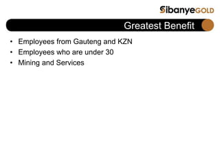 Greatest Benefit
• Employees from Gauteng and KZN
• Employees who are under 30
• Mining and Services
 