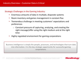 CONFIDENTIALThe Information Contained In This Presentation Is Confidential And Proprietary To MicroStrategy. The Recipient Of This Document Agrees That They Will Not Disclose Its Contents To Any
Third Party Or Otherwise Use This Presentation For Any Purpose Other Than An Evaluation Of MicroStrategy's Business Or Its Offerings. Reproduction or Distribution Is Prohibited.
3
Industry Overview – Customer Data is Critical
Strategic Challenges in the Gaming Industry:
• Enormous amounts of data in multiple, disparate systems
• Room inventory and games management in constant flux
• Tremendous challenge in meeting customers’ expectations and
preferences
o Constant pressure of capturing, analyzing, and creating the
right message/offer using the right medium and at the right
time
• Highly regulated environment for gaming corporations
Business intelligence is simply the people, processes, and technologies that turn data
into information. It is the key strategic opportunity for successful gaming
corporations.
 