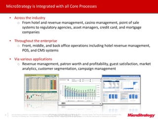 CONFIDENTIALThe Information Contained In This Presentation Is Confidential And Proprietary To MicroStrategy. The Recipient Of This Document Agrees That They Will Not Disclose Its Contents To Any
Third Party Or Otherwise Use This Presentation For Any Purpose Other Than An Evaluation Of MicroStrategy's Business Or Its Offerings. Reproduction or Distribution Is Prohibited.
4
MicroStrategy is Integrated with all Core Processes
• Across the industry
o From hotel and revenue management, casino management, point of sale
systems to regulatory agencies, asset managers, credit card, and mortgage
companies
• Throughout the enterprise
o Front, middle, and back office operations including hotel revenue management,
POS, and CMS systems
• Via various applications
o Revenue management, patron worth and profitability, guest satisfaction, market
analytics, customer segmentation, campaign management
 