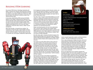 The acronym STEM (Science, Technology, Engineering and
Math) is receiving much attention these days both by industry
and education. It’s a new challenge that emphasizes the need
for students to attain higher proficiencies in these areas. Why?
Because today’s and tomorrow’s workforces require more
advanced technical skills.
A new project called Building STEM Learning with Mobile
Robotics at the College is emphasizing the importance of a
technical education while creating excitement in youth. Robots
can reach even the most tough-to-engage students. With
the help of a dedicated group of partners, Thaddeus Stevens
College of Technology now has not one but two unique
collaborative, human-like robots, known as “Baxter” by the
manufacturer.
Meet Thad and Lydia, as renamed by our students. The
introduction of Thad and Lydia on both Thaddeus Stevens’s
campuses brings safe, cage-free mobile robotics into several
two-year technical programs. Thad and Lydia will be used
(1) to provide new cross-program collaboration opportunities;
(2) to engage post-secondary remedial education students; and
(3) to excite and inspire K-8 children at an interactive science
center. Ultimately, this project will help attract more children
and youth to STEM educational programs and inspire them to
pursue STEM-related careers.
One robot, Thad, is housed in the Kreider Building on our main
campus. It is being used by students and faculty in Electronics
Engineering Technology and Electro-Mechanical Engineering
Technology. Thad is the center of our robotics curriculum and
assists our students pursuing associate degrees with hands-
on experience in programming robotic equipment, applying
it in manufacturing settings, and integrating the robotics
equipment in the manufacturing process.
Today’s manufacturing plants are much more sophisticated
than in the past. Many companies have installed robotic
equipment for routine tasks, allowing workers to perform more
skilled applications. Since robotic equipment is becoming more
common in manufacturing, Thad will keep our students’ skills
up-to-date and highly employable.
Our other robot, Lydia, is housed at the Branch campus in the
Experiencing Technology course laboratory. Lydia is helping to
improve STEM learning and engagement in Pre-Major students
that have enrolled at Stevens and are exploring various career
directions.
This summer, one of the robots will be on loan as part of a
new robotics exhibit at the Lancaster Science Factory. Our
Electronics Engineering and Electro-Mechanical students
are designing and testing a kid-friendly, fun task loop that
the robot can perform for Lancaster Science Factory visitors.
Can the robot assemble a toy car? Can it solve a Rubik’s
Cube? Could it assemble something using K’Nex toys? Select
Stevens College students will serve as interns to guide visitors’
interactions with the robot. The Lancaster Science Factory staff
expects the exhibit to reach approximately 11,000 K-8 students
and their caregivers.
Thad and Lydia will have a full schedule of engagements.
They will become ambassadors for other STEM programs too.
At Stevens College, they will show middle and high school
students how STEM skills are necessary and applied to careers.
Students who participate in summer activities and camps at
the College—Stevens Summer Experience STEM Programs,
Tech Gyrls, Digital Camp, Compass Mark, Exit Lancaster
mentor nonprofit organization students, and Dual Enrollment
students—will have the opportunity to see the robot.
This is a new, exciting area of College instruction, and one our
Industry Advisory Committees have encouraged us to pursue.
Having these robots will significantly improve the College’s
image and expand broad community awareness in the value
of a technical education. It will also serve to strengthen and
deepen the existing collaboration between the College and
the Lancaster Science Factory in a way that potentially can
be a model for partnerships between colleges and interactive
science centers worldwide.
We are very appreciative of our numerous corporate and
foundation partners who have made it possible for us, through
their financial support, to acquire robots Thad and Lydia and
the necessary robotic software and accessory equipment. Many
K-14 students will benefit from this new program, gaining an
opportunity to experience exciting STEM technology and uses.
Thad and Lydia will help make the critical link in the minds
of K-14 students between STEM education, real-world
applications and the benefits of a technical education. And
what student doesn’t get excited about working with a robot?
Building STEM Learning
Funders
Alcoa Foundation
TE Connectivity Foundation
U.S. Dept. of Labor/Employment Training Agency/TAACCCT
Cargas Education Fund
ONExia, Inc.
Rethink Robotics (in-kind)
Lancaster County Community Foundation
Dart Corporate Foundation
Collaborative Partners
Lancaster Science Factory
Stevens STEM summer camps’ partners
6 • Thaddeus Stevens College
 