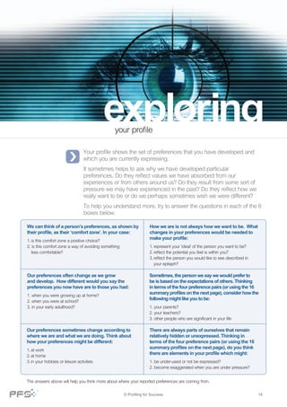 Your profile shows the set of preferences that you have developed and
which you are currently expressing. 
It sometimes helps to ask why we have developed particular
preferences. Do they reflect values we have absorbed from our
experiences or from others around us? Do they result from some sort of
pressure we may have experienced in the past? Do they reflect how we
really want to be or do we perhaps sometimes wish we were different? 
To help you understand more, try to answer the questions in each of the 6
boxes below.
We can think of a person’s preferences, as shown by
their profile, as their ‘comfort zone’. In your case:
1.	is this comfort zone a positive choice?
2. is this comfort zone a way of avoiding something 		
	 less comfortable?
Our preferences often change as we grow
and develop.  How different would you say the
preferences you now have are to those you had:
1. when you were growing up at home?
2. when you were at school?
3. in your early adulthood?
Our preferences sometimes change according to
where we are and what we are doing. Think about
how your preferences might be different:
1.	at work
2.	at home
3.	in your hobbies or leisure activities
How we are is not always how we want to be.  What
changes in your preferences would be needed to
make your profile:
1.	represent your ‘ideal’ of the person you want to be?
2.	reflect the potential you feel is within you?
3.	reflect the person you would like to see described in 		
	 your epitaph?
Sometimes, the person we say we would prefer to
be is based on the expectations of others. Thinking
in terms of the four preference pairs (or using the 16
summary profiles on the next page), consider how the
following might like you to be:
1. your parents?
2. your teachers?
3. other people who are significant in your life
There are always parts of ourselves that remain
relatively hidden or unexpressed. Thinking in
terms of the four preference pairs (or using the 16
summary profiles on the next page), do you think
there are elements in your profile which might:
1. be under-used or not be expressed?
2. become exaggerated when you are under pressure?
The answers above will help you think more about where your reported preferences are coming from.
your profile
14© Profiling for Success
 