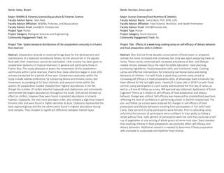 Name: Haley, Bryant 
Major: Wildlife & Fisheries Science/Aquaculture & Fisheries Science 
Faculty Advisor Name:  Wes Neal 
Faculty Advisor Affiliation: Wildlife, Fisheries, and Aquaculture 
Faculty Advisor Email: jneal@cfr.msstate.edu  
Project Type: Poster 
Project Category: Biological Sciences and Engineering 
Community Engagement Track: No 
Project Title:  Spatio‐temporal distributions of the zooplankton comunity in a Puerto 
Rico reservoir 
Abstract: Zooplankton provide an essential forage base for the development and 
maintenance of a balanced recreational fishery. As the second tier in the aquatic 
food web, their importance cannot be overlooked. Little scrutiny has been given to 
zooplankton dynamics in tropical reservoirs in general and particularly those in 
Puerto Rico. This study attempts to assess the movements of the zooplankton 
community within Carite reservoir, Puerto Rico. Data collection began in June 2011 
and was conducted for a period of one year. Comparisons evaluated within the 
study include habitat preference, by comparing littoral and limnetic zones; diel 
movement, by sampling at 12‐hour intervals; and seasonal trends within the 
system. All zooplankton studied revealed their highest abundances in the fall, 
though the number of rotifers dwarfed copepods and cladocerans and consistently 
represented the largest abundances throughout the study. Diel period showed no 
effect on rotifers, however they were found in greatest abundance in limnetic 
habitats. Copepods, the next most abundant order, also showed a slight bias toward 
limnetic sites and were found in higher densities at dusk. Cladocera represented the 
least captured group and like the others were found in highest abundance during 
dusk samples. They showed no significant difference between habitat types. 
Name: Harrison, Anna Laurin 
Major: Human Sciences/Food Nutrition & Dietetics 
Faculty Advisor Name:  Sylvia Byrd, PhD, RDN, LDN 
Faculty Advisor Affiliation: Food Science, Nutrition, and Health Promotion 
Faculty Advisor Email: shb5@msstate.edu  
Project Type: Poster 
Project Category: Social Sciences 
Community Engagement Track: No 
Project Title:  Effects of a week‐long cooking camp on self‐efficacy of dietary behavior 
and food preparation skills in children 
Abstract: Over the last three decades consumption of foods eaten or prepared 
outside the home increased and conversely less time was spent preparing meals at 
home. These trends combined with increased prevalence of diet‐ and lifestyle‐
related chronic diseases focus the need for edible education, meal planning, 
purchasing ingredients, food preparation skills, and nutritional meals. Cooking 
camps are effective interventions for improving nutritional status and eating 
behaviors of children. Fun with Food, a week‐long summer camp aimed at 
increasing self‐efficacy in food preparation skills, at Mississippi State University has 
been offered for the last eight years. Twenty 8‐13 year olds in 2014 Fun with Food 
summer camp participated in a pre‐survey administered the first day of camp, as 
well as a 9‐month follow‐up survey. IRB approval was obtained. Application of Social 
Cognitive Theory as it relates to self‐efficacy of food preparation and dietary 
behavior change was utilized. Self‐efficacy was measured by standardized questions 
reflecting the level of confidence in performing a food‐ or kitchen‐related task. The 
pre‐ and follow up surveys were analyzed for changes in self‐efficacy of food 
preparation and dietary behaviors resulting from participation in Fun with Food 
Camp. Sixty percent of camp participants were females. Prior to attending camp, 
only thirty‐five percent of participants were confident in their ability to follow a 
recipe without help. Sixty percent of participants were not sure they could eat a half 
cup of vegetables or one serving of whole grains at home most days. Data revealed 
that involving children in food preparation can positively affect self‐efficacy and 
dietary behaviors. Additional research is needed to determine if food‐preparation 
skills translate to sustainable and healthier food choices. 
 