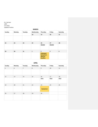 A.L. Harrison
URSP
3-15-2015
Updated Timeline
MARCH
Sunday Monday Tuesday Wednesday Thursday Friday Saturday
18 19 20 21
22 23 24 25 26 27 28
MSAND MSAND
29 30 31 1 2 3 4
Undergrad
Symposium
Abstract
Deadline
APRIL
Sunday Monday Tuesday Wednesday Thursday Friday Saturday
5 6 7 8 9 10 11
12 13 14 15 16 17 18
CALS CALS CALS
19 20 21 22 23 24 25
Symposium
26 27 28 29 30
 