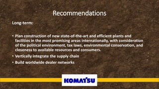 Recommendations
Long-term:
• Plan construction of new state-of-the-art and efficient plants and
facilities in the most promising areas internationally, with consideration
of the political environment, tax laws, environmental conservation, and
closeness to available resources and consumers.
• Vertically integrate the supply chain
• Build worldwide dealer networks
 