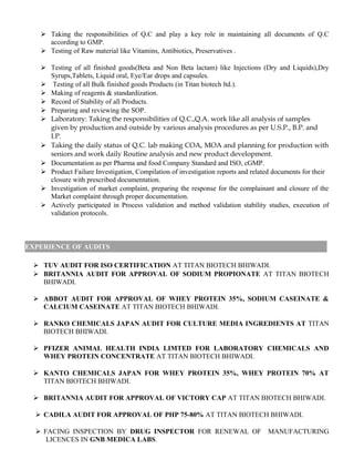 Taking the responsibilities of Q.C and play a key role in maintaining all documents of Q.C
according to GMP.
 Testing of Raw material like Vitamins, Antibiotics, Preservatives .
 Testing of all finished goods(Beta and Non Beta lactam) like Injections (Dry and Liquids),Dry
Syrups,Tablets, Liquid oral, Eye/Ear drops and capsules.
 Testing of all Bulk finished goods Products (in Titan biotech ltd.).
 Making of reagents & standardization.
 Record of Stability of all Products.
 Preparing and reviewing the SOP.
 Laboratory: Taking the responsibilities of Q.C.,Q.A. work like all analysis of samples
given by production and outside by various analysis procedures as per U.S.P., B.P. and
I.P.
 Taking the daily status of Q.C. lab making COA, MOA and planning for production with
seniors and work daily Routine analysis and new product development.
 Documentation as per Pharma and food Company Standard and ISO, cGMP.
 Product Failure Investigation, Compilation of investigation reports and related documents for their
closure with prescribed documentation.
 Investigation of market complaint, preparing the response for the complainant and closure of the
Market complaint through proper documentation.
 Actively participated in Process validation and method validation stability studies, execution of
validation protocols.
EXPERIENCE OF AUDITS
 TUV AUDIT FOR ISO CERTIFICATION AT TITAN BIOTECH BHIWADI.
 BRITANNIA AUDIT FOR APPROVAL OF SODIUM PROPIONATE AT TITAN BIOTECH
BHIWADI.
 ABBOT AUDIT FOR APPROVAL OF WHEY PROTEIN 35%, SODIUM CASEINATE &
CALCIUM CASEINATE AT TITAN BIOTECH BHIWADI.
 RANKO CHEMICALS JAPAN AUDIT FOR CULTURE MEDIA INGREDIENTS AT TITAN
BIOTECH BHIWADI.
 PFIZER ANIMAL HEALTH INDIA LIMTED FOR LABORATORY CHEMICALS AND
WHEY PROTEIN CONCENTRATE AT TITAN BIOTECH BHIWADI.
 KANTO CHEMICALS JAPAN FOR WHEY PROTEIN 35%, WHEY PROTEIN 70% AT
TITAN BIOTECH BHIWADI.
 BRITANNIA AUDIT FOR APPROVAL OF VICTORY CAP AT TITAN BIOTECH BHIWADI.
 CADILA AUDIT FOR APPROVAL OF PHP 75-80% AT TITAN BIOTECH BHIWADI.
 FACING INSPECTION BY DRUG INSPECTOR FOR RENEWAL OF MANUFACTURING
LICENCES IN GNB MEDICA LABS.
 