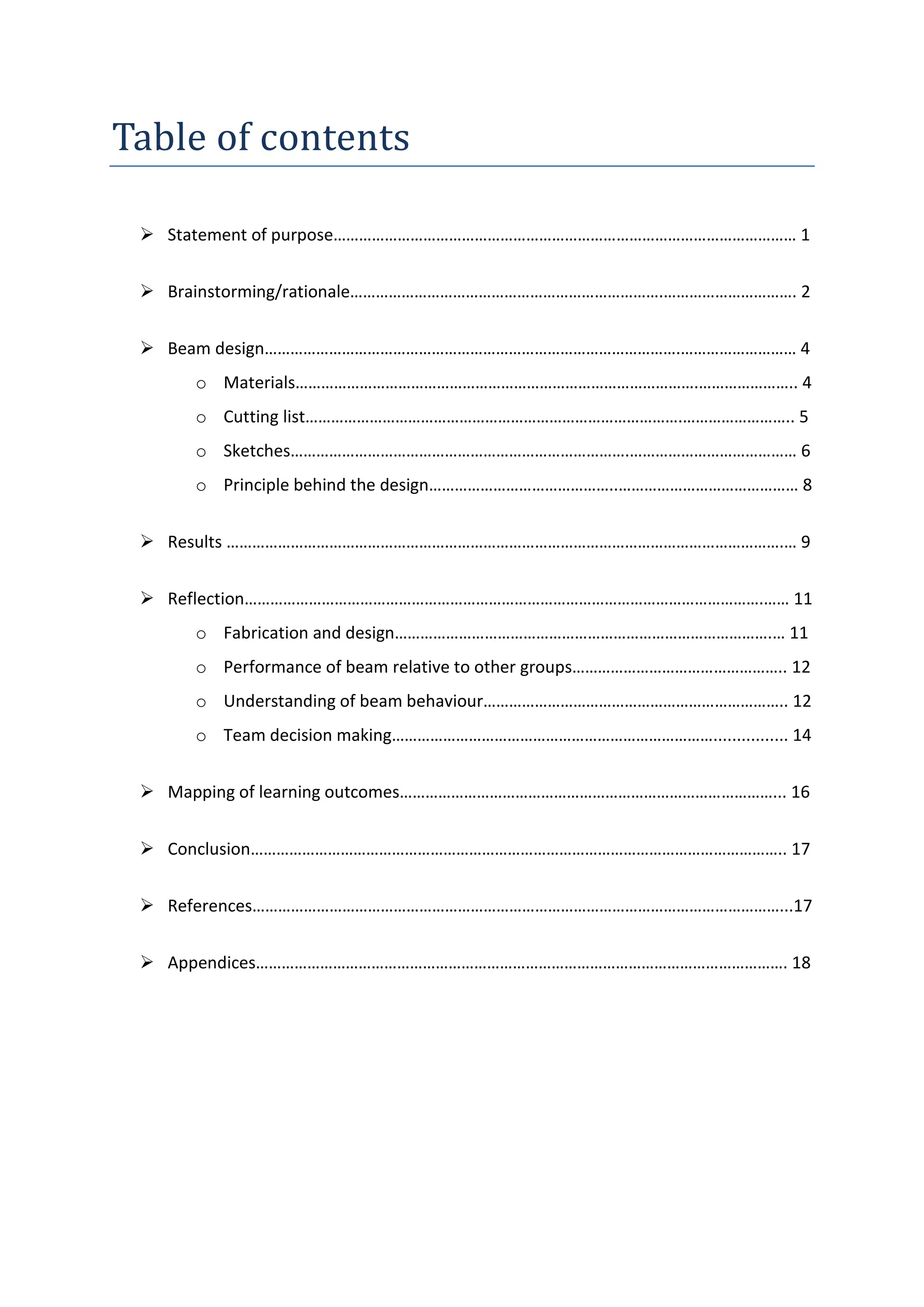 Table	
  of	
  contents
Statement  of  purpose……………………………………………………………………………………………… 1
Brainstorming/rationale……………………………………………………………….…………………………. 2
Beam  design…………………………………………………………………………………….………………………  4
o Materials………………………………………………………………………………….………………….. 4
o Cutting list…………………………………………………………………………….…………………….. 5
o Sketches…………………………………………………………………….………………………………… 6
o Principle  behind  the  design……………………………………..…………………………………… 8
Results  ………………………………………………………………………………………………………………….… 9
Reflection………………………………………………………………………………………………………….…… 11
o Fabrication  and  design…………………………………………………………………………….… 11
o Performance  of  beam  relative  to  other  groups………………………………………….. 12
o Understanding  of  beam  behaviour…………………………………………………………….. 12
o Team  decision  making…………………………………………………………………................ 14
Mapping  of  learning  outcomes……………………………………………………………………………... 16
Conclusion…………………………………………………………………………………………………………….. 17
References……………………………………………………………………………………………………………...17
Appendices……………………………………………………………………………………………………………. 18
 