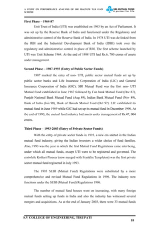 A STUDY ON PERFORMANCE ANALYSIS OF SBI MAGNUM TAX GAIN
SCHEME
First Phase – 1964-87
Unit Trust of India (UTI) was established on 1963 by an Act of Parliament. It
was set up by the Reserve Bank of India and functioned under the Regulatory and
administrative control of the Reserve Bank of India. In 1978 UTI was de-linked from
the RBI and the Industrial Development Bank of India (IDBI) took over the
regulatory and administrative control in place of RBI. The first scheme launched by
UTI was Unit Scheme 1964. At the end of 1988 UTI had Rs.6, 700 crores of assets
under management.
Second Phase – 1987-1993 (Entry of Public Sector Funds)
1987 marked the entry of non- UTI, public sector mutual funds set up by
public sector banks and Life Insurance Corporation of India (LIC) and General
Insurance Corporation of India (GIC). SBI Mutual Fund was the first non- UTI
Mutual Fund established in June 1987 followed by Can bank Mutual Fund (Dec 87),
Punjab National Bank Mutual Fund (Aug 89), Indian Bank Mutual Fund (Nov 89),
Bank of India (Jun 90), Bank of Baroda Mutual Fund (Oct 92). LIC established its
mutual fund in June 1989 while GIC had set up its mutual fund in December 1990. At
the end of 1993, the mutual fund industry had assets under management of Rs.47, 004
crores.
Third Phase – 1993-2003 (Entry of Private Sector Funds)
With the entry of private sector funds in 1993, a new era started in the Indian
mutual fund industry, giving the Indian investors a wider choice of fund families.
Also, 1993 was the year in which the first Mutual Fund Regulations came into being,
under which all mutual funds, except UTI were to be registered and governed. The
erstwhile Kothari Pioneer (now merged with Franklin Templeton) was the first private
sector mutual fund registered in July 1993.
The 1993 SEBI (Mutual Fund) Regulations were substituted by a more
comprehensive and revised Mutual Fund Regulations in 1996. The industry now
functions under the SEBI (Mutual Fund) Regulations 1996.
The number of mutual fund houses went on increasing, with many foreign
mutual funds setting up funds in India and also the industry has witnessed several
mergers and acquisitions. As at the end of January 2003, there were 33 mutual funds
18
S.V COLLEGE OF ENGINEERING, TIRUPATI
 