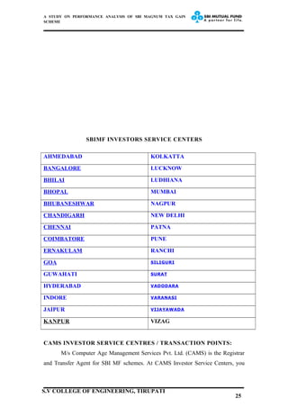 A STUDY ON PERFORMANCE ANALYSIS OF SBI MAGNUM TAX GAIN
SCHEME
SBIMF INVESTORS SERVICE CENTERS
AHMEDABAD KOLKATTA
BANGALORE LUCKNOW
BHILAI LUDHIANA
BHOPAL MUMBAI
BHUBANESHWAR NAGPUR
CHANDIGARH NEW DELHI
CHENNAI PATNA
COIMBATORE PUNE
ERNAKULAM RANCHI
GOA SILIGURI
GUWAHATI SURAT
HYDERABAD VADODARA
INDORE VARANASI
JAIPUR VIJAYAWADA
KANPUR VIZAG
CAMS INVESTOR SERVICE CENTRES / TRANSACTION POINTS:
M/s Computer Age Management Services Pvt. Ltd. (CAMS) is the Registrar
and Transfer Agent for SBI MF schemes. At CAMS Investor Service Centers, you
25
S.V COLLEGE OF ENGINEERING, TIRUPATI
 