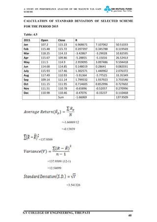 A STUDY ON PERFORMANCE ANALYSIS OF SBI MAGNUM TAX GAIN
SCHEME
CALCULATION OF STANDARD DEVIATION OF SELECTED SCHEME
FOR THE PERIOD 2015
Table: 4.5
2015 Open Close R
Jan 107.2 115.23 6.968671 7.107062 50.51033
Feb 115.48 115.72 0.207397 0.345788 0.119569
Mar 118.25 114.33 -3.42867 -3.29028 10.82595
Apr 115.67 109.86 -5.28855 -5.15016 26.52413
May 111.5 114.9 2.959095 3.097486 9.594418
Jun 114.68 114.85 0.148019 0.28641 0.082031
July 115.93 117.46 1.302571 1.440962 2.076372
Aug 117.49 110.93 -5.91364 -5.77525 33.35349
Sep 109.14 111.14 1.799532 1.937923 3.755546
Oct 111.15 111.95 0.714605 0.852996 0.727602
Nov 111.51 110.78 -0.65896 -0.52057 0.270996
Dec 110.98 110.46 -0.47076 -0.33237 0.110468
Sum -1.66069 137.9509
=-1.66069/12
=-0.13839
=137.9509
=137.9509/ (12-1)
=12.54099
=3.541326
40
S.V COLLEGE OF ENGINEERING, TIRUPATI
 