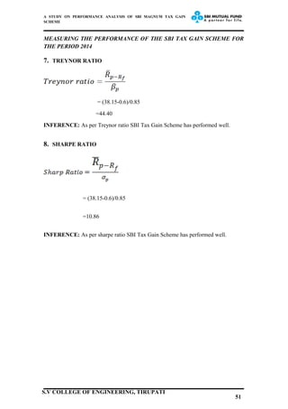 A STUDY ON PERFORMANCE ANALYSIS OF SBI MAGNUM TAX GAIN
SCHEME
MEASURING THE PERFORMANCE OF THE SBI TAX GAIN SCHEME FOR
THE PERIOD 2014
7. TREYNOR RATIO
= (38.15-0.6)/0.85
=44.40
INFERENCE: As per Treynor ratio SBI Tax Gain Scheme has performed well.
8. SHARPE RATIO
= (38.15-0.6)/0.85
=10.86
INFERENCE: As per sharpe ratio SBI Tax Gain Scheme has performed well.
51
S.V COLLEGE OF ENGINEERING, TIRUPATI
 