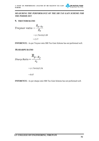 A STUDY ON PERFORMANCE ANALYSIS OF SBI MAGNUM TAX GAIN
SCHEME
MEASURING THE PERFORMANCE OF THE SBI TAX GAIN SCHEME FOR
THE PERIOD 2015
9. TREYNOR RATIO
= (-1.76-0.6)/1.09
=-2.17
INFERENCE: As per Treynor ratio SBI Tax Gain Scheme has not performed well.
10.SHARPE RATIO
= (-1.76-0.6)/3.54
=-0.67
INFERENCE: As per sharpe ratio SBI Tax Gain Scheme has not performed well.
52
S.V COLLEGE OF ENGINEERING, TIRUPATI
 