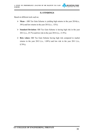 A STUDY ON PERFORMANCE ANALYSIS OF SBI MAGNUM TAX GAIN
SCHEME
5.1 FINDINGS
Based on different tools such as:
 Mean : SBI Tax Gain Scheme is yielding high returns in the year 2014(i.e.,
38%) and low returns in the year 2011(i.e., -32%).
 Standard Deviation: SBI Tax Gain Scheme is having high risk in the year
2011 (i.e., 25.7%) and low risk in the year 2014 (i.e., 11.9%).
 Beta values: SBI Tax Gain Scheme having high risk compared to market
returns in the year 2015 (i.e., 1.08%) and low risk in the year 2011 (i.e.,
0.79%).
53
S.V COLLEGE OF ENGINEERING, TIRUPATI
 