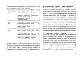 2
Cloud providers have different service models focusing on one type
of functionality provisioning. These may include:
Service Model Description Benefits
Cloud infrastructure as a
Service
(IaaS)
The IT capability is that of
processing, storage, network and
other computer hardware-related
capabilities. The consumer can run
their own software (including
operating systems) on the computer
hardware-related capability.
Lower IT
infrastructure,
administrative and
maintenance costs.
Cloud platform as a
Service
(PaaS)
The IT capability provided is that of a
computing platform on which to run
the software of the consumer, which
was created using the programming
languages and protocols supported
by the specific platform.
Cost reduction,
especially in ensuring
security, and
scalability.
Cloud software as a
Service
(SaaS
The IT capability provided is that of
software applications for use by the
consumer. The software would be
run on cloud infrastructure (either
that of the SaaS provider or possibly
that of another IaaS and/or PaaS
provider), and be accessible by
means of a network accessing
device.
Low initiating costs,
painless upgrades,
seamless integration,
and easy
customization and
managed service-level
agreements.
These type of setups will have huge implications on cost structures
of those organizations using hardware and software as a key driver
to their business strategy. Similarly to the way electricity is
consumed, in Cloud computing we pay for what is consumed.
Is Cloud Computing becoming a Global Phenomenon
Tremendous growth in technology poses enormous challenges on
companies if they intend being relevant and competitive. They have
to continuously incur huge financial outlays on the latest technology
trends. As a result, companies are attracted to the concept of cloud
computing where upfront costs are minimal and access to IT
resources are not limited. The value proposition of cloud computing
is that organizations do not have to make huge upfront investments
for computer infrastructure, hardware, software and training. Instead,
organizations can use the resources provided by a cloud computing
service provider who would also take care of IT downtime and
support. The cloud computing model will transform the IT industry in
the next few years as it has experienced phenomenal growth and
remains attractive and cost efficient to small and medium sized firms.
IT Outsourcing verses Cloud Computing
Typically, IT outsourcing assist management with the offloading of
legacy systems that may be outdated and allows management to
focus on their key strategic initiatives. The benefits of IT outsourcing
include lower costs, higher performance assurance and quality,
professional and geographically dispersed services and creative and
structured leases to suite the client. Organizations would normally
outsource their IT function if the benefits outweigh the risks. IT
outsourcing and cloud computing has numerous similarities but also
have differences that may or may not be valuable to the client.
 