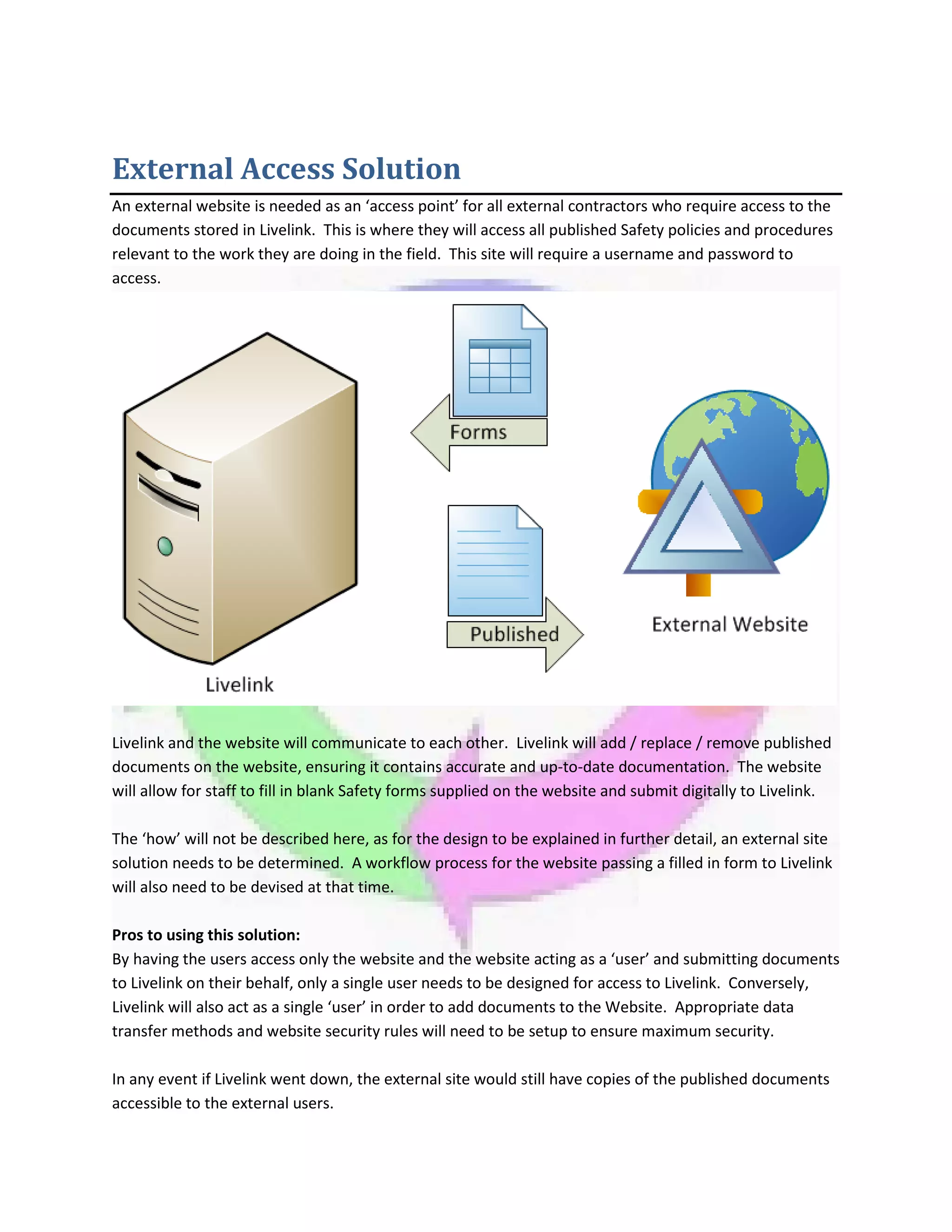 External Access Solution
An external website is needed as an ‘access point’ for all external contractors who require access to the
documents stored in Livelink. This is where they will access all published Safety policies and procedures
relevant to the work they are doing in the field. This site will require a username and password to
access.
Livelink and the website will communicate to each other. Livelink will add / replace / remove published
documents on the website, ensuring it contains accurate and up-to-date documentation. The website
will allow for staff to fill in blank Safety forms supplied on the website and submit digitally to Livelink.
The ‘how’ will not be described here, as for the design to be explained in further detail, an external site
solution needs to be determined. A workflow process for the website passing a filled in form to Livelink
will also need to be devised at that time.
Pros to using this solution:
By having the users access only the website and the website acting as a ‘user’ and submitting documents
to Livelink on their behalf, only a single user needs to be designed for access to Livelink. Conversely,
Livelink will also act as a single ‘user’ in order to add documents to the Website. Appropriate data
transfer methods and website security rules will need to be setup to ensure maximum security.
In any event if Livelink went down, the external site would still have copies of the published documents
accessible to the external users.
 