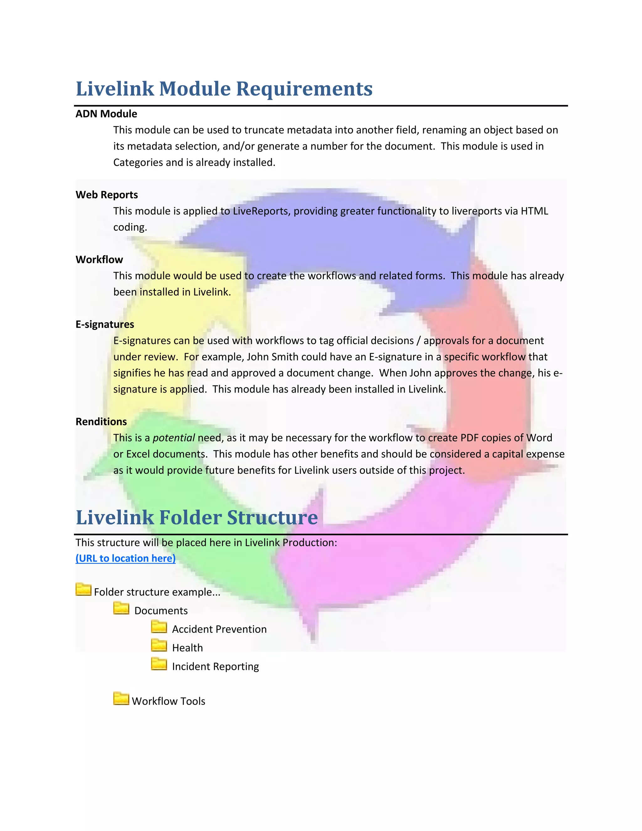 Livelink Module Requirements
ADN Module
This module can be used to truncate metadata into another field, renaming an object based on
its metadata selection, and/or generate a number for the document. This module is used in
Categories and is already installed.
Web Reports
This module is applied to LiveReports, providing greater functionality to livereports via HTML
coding.
Workflow
This module would be used to create the workflows and related forms. This module has already
been installed in Livelink.
E-signatures
E-signatures can be used with workflows to tag official decisions / approvals for a document
under review. For example, John Smith could have an E-signature in a specific workflow that
signifies he has read and approved a document change. When John approves the change, his e-
signature is applied. This module has already been installed in Livelink.
Renditions
This is a potential need, as it may be necessary for the workflow to create PDF copies of Word
or Excel documents. This module has other benefits and should be considered a capital expense
as it would provide future benefits for Livelink users outside of this project.
Livelink Folder Structure
This structure will be placed here in Livelink Production:
(URL to location here)
Folder structure example...
Documents
Accident Prevention
Health
Incident Reporting
Workflow Tools
 