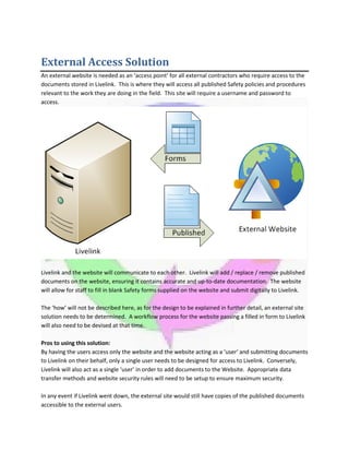 External Access Solution
An external website is needed as an ‘access point’ for all external contractors who require access to the
documents stored in Livelink. This is where they will access all published Safety policies and procedures
relevant to the work they are doing in the field. This site will require a username and password to
access.
Livelink and the website will communicate to each other. Livelink will add / replace / remove published
documents on the website, ensuring it contains accurate and up-to-date documentation. The website
will allow for staff to fill in blank Safety forms supplied on the website and submit digitally to Livelink.
The ‘how’ will not be described here, as for the design to be explained in further detail, an external site
solution needs to be determined. A workflow process for the website passing a filled in form to Livelink
will also need to be devised at that time.
Pros to using this solution:
By having the users access only the website and the website acting as a ‘user’ and submitting documents
to Livelink on their behalf, only a single user needs to be designed for access to Livelink. Conversely,
Livelink will also act as a single ‘user’ in order to add documents to the Website. Appropriate data
transfer methods and website security rules will need to be setup to ensure maximum security.
In any event if Livelink went down, the external site would still have copies of the published documents
accessible to the external users.
 