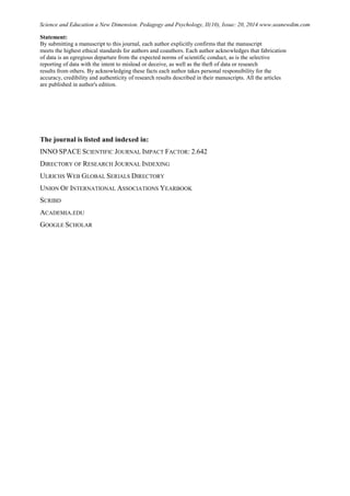 SCIENCE and EDUCATION a NEW DIMENSION PEDAGOGY and PSYCHOLOGY Issue 20