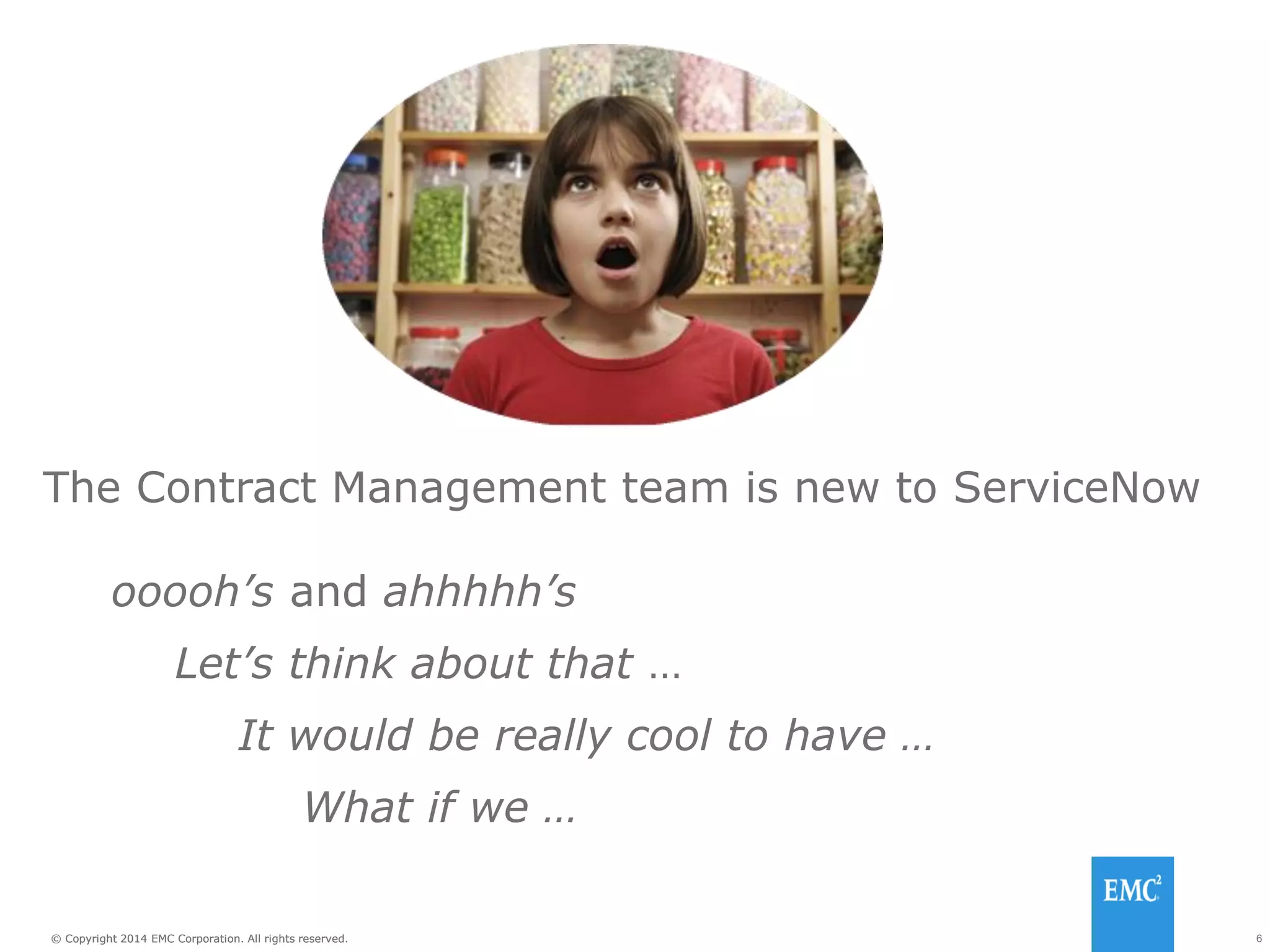 6© Copyright 2014 EMC Corporation. All rights reserved.© Copyright 2014 EMC Corporation. All rights reserved.
The Contract Management team is new to ServiceNow
ooooh’s and ahhhhh’s
Let’s think about that …
It would be really cool to have …
What if we …
 