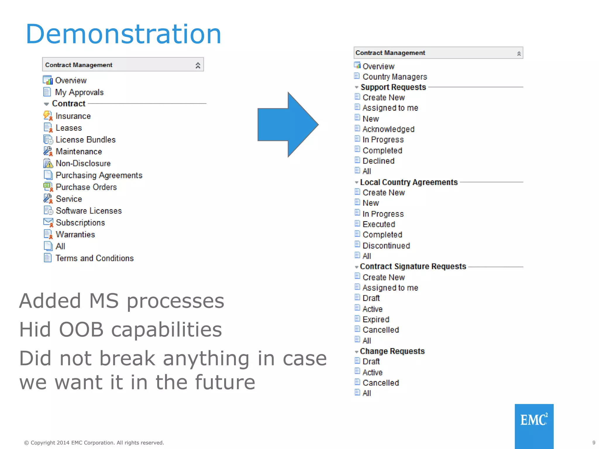 9© Copyright 2014 EMC Corporation. All rights reserved.© Copyright 2014 EMC Corporation. All rights reserved.
Demonstration
Added MS processes
Hid OOB capabilities
Did not break anything in case
we want it in the future
 