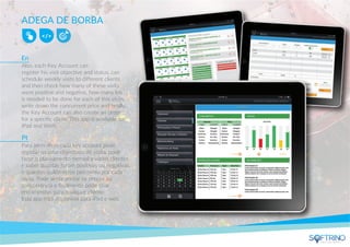 ADEGA DE BORBA
Also, each Key Account can
register his visit objective and status, can
schedule weekly visits to diﬀerent clients
and then check how many of these visits
were positive and negative, how many km
is needed to be done for each of this visits,
write down the concurrent price and ﬁnally,
the Key Account can also create an order
for a speciﬁc client. This app is available for
iPad and Web.
Para além disso cada key account pode
registar os seus objectivos de visita, pode
fazer o planeamento mensal a vários clientes
e saber quantas foram positivas ou negativas
e quantos quilômetros percorreu por cada
visita. Pode ainda anotar os preços da
concorrência e ﬁnalmente pode criar
encomendas para qualquer cliente.
Esta app está disponível para iPad e web.
En
Pt
apps that matters
 