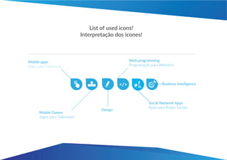 Mobile apps
Apps para Telemóvel
Mobile Games
Jogos para Telemóvel
Design
Web programming
Programação para Websites
Social Network Apps
Apps para Redes Sociais
Business Intelligence
List of used icons!
Interpretação dos icones!
 