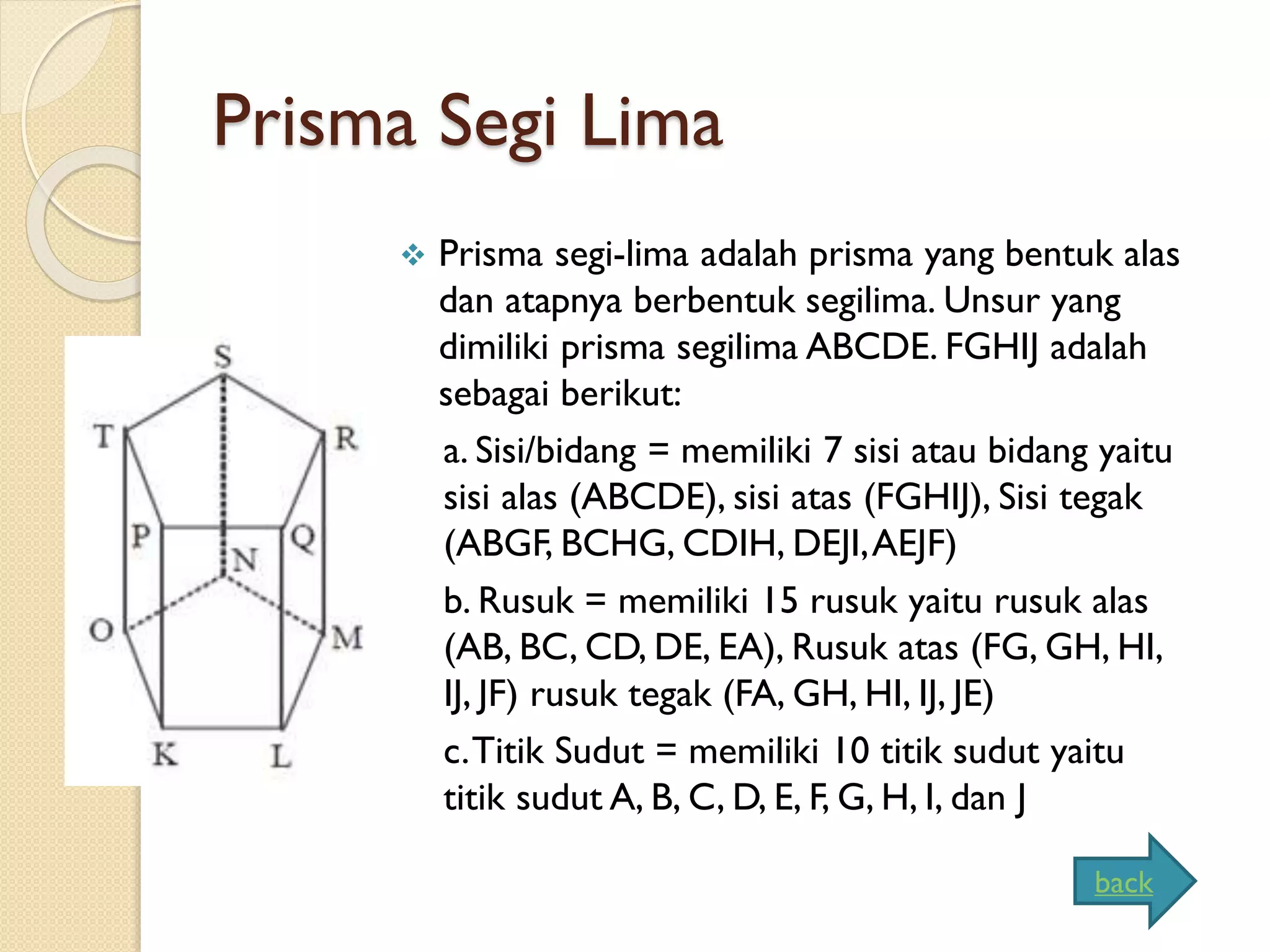 Prisma Segi Lima
 Prisma segi-lima adalah prisma yang bentuk alas
dan atapnya berbentuk segilima. Unsur yang
dimiliki prisma segilima ABCDE. FGHIJ adalah
sebagai berikut:
a. Sisi/bidang = memiliki 7 sisi atau bidang yaitu
sisi alas (ABCDE), sisi atas (FGHIJ), Sisi tegak
(ABGF, BCHG, CDIH, DEJI,AEJF)
b. Rusuk = memiliki 15 rusuk yaitu rusuk alas
(AB, BC, CD, DE, EA), Rusuk atas (FG, GH, HI,
IJ, JF) rusuk tegak (FA, GH, HI, IJ, JE)
c.Titik Sudut = memiliki 10 titik sudut yaitu
titik sudut A, B, C, D, E, F, G, H, I, dan J
back
 