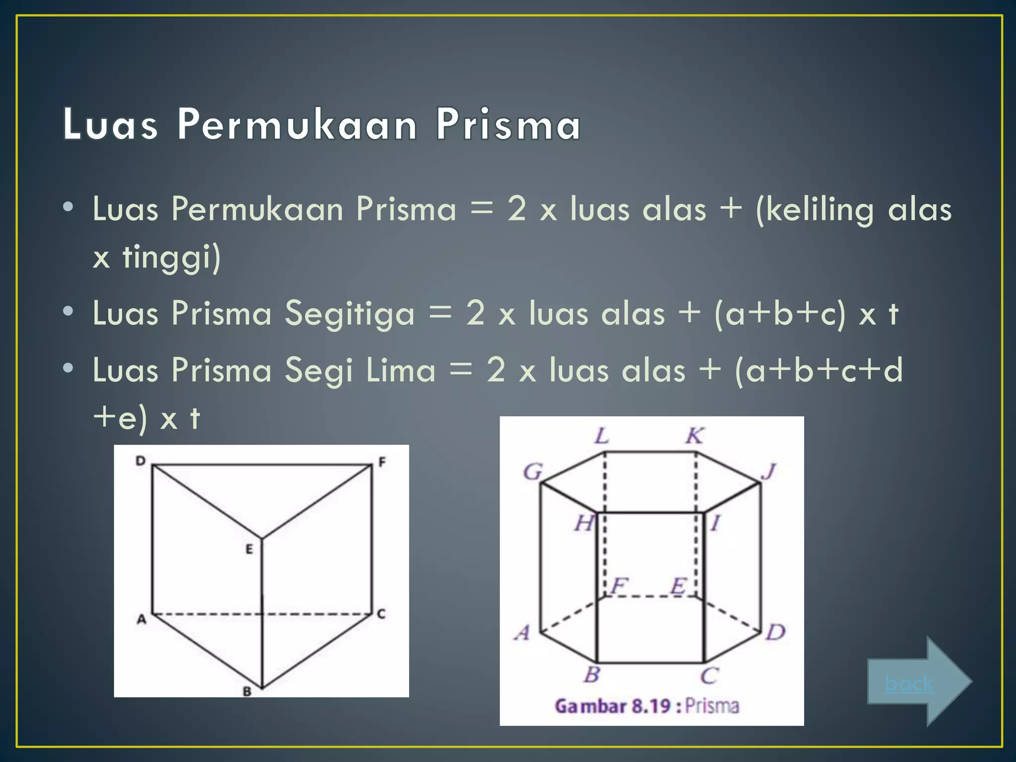 • Luas Permukaan Prisma = 2 x luas alas + (keliling alas
x tinggi)
• Luas Prisma Segitiga = 2 x luas alas + (a+b+c) x t
• Luas Prisma Segi Lima = 2 x luas alas + (a+b+c+d
+e) x t
back
 