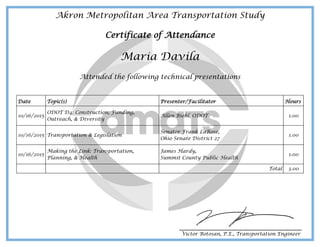 Akron Metropolitan Area Transportation Study
Certificate of Attendance
Maria Davila
Attended the following technical presentations
__________________________________
Victor Botosan, P.E., Transportation Engineer
Date Topic(s) Presenter/Facilitator Hours
10/16/2015
ODOT D4: Construction, Funding,
Outreach, & Diversity
Allen Biehl, ODOT 1.00
10/16/2015 Transportation & Legislation
Senator Frank LaRose,
Ohio Senate District 27
1.00
10/16/2015
Making the Link: Transportation,
Planning, & Health
James Hardy,
Summit County Public Health
1.00
Total 3.00
 