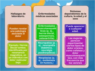 Hallazgos de
laboratorio.
Pueden revelar
una patología
asociada al
dolor
Ejemplo: Hernia
discal lumbar,
identificada por
resonancia
magnética, en
un individuo con
dolor radicular
bajo
Enfermedades
médicas asociadas
Enfermedades
musculoesquelé
ticas (p. ej.,
hernia discal,
osteoporosis,
osteoartritis)
Neuropatías (p.
ej., neuropatía
diabética,
neuralgia
postherpética)
Neoplasias (p.
ej., metástasis
en huesos,)
Síntomas
dependientes de la
cultura, la edad y el
sexo
Puede aparecer
a cualquier
edad.
Las mujeres
parecen
experimentar
ciertos tipos de
dolor crónico,
como cefaleas y
dolor
musculoesquelé
tico, con más
frecuencia que
los varones
 