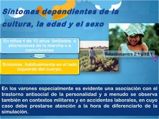 El tipo de síntomas de conversión es fiel reflejo de ideas
culturales locales sobre la manera de expresar el
malestar de forma aceptable y creíble.
Relación entre 2:1 y 10:1
En los varones especialmente es evidente una asociación con el
trastorno antisocial de la personalidad y a menudo se observa
también en contextos militares y en accidentes laborales, en cuyo
caso debe prestarse atención a la hora de diferenciarlo de la
simulación.
En zonas en vías de desarrollo se ha
documentado una alta incidencia.
Las caídas al suelo con pérdida o
alteración de la conciencia
En niños < de 10 años limitados a
alteraciones de la marcha o a
convulsiones
Sintomas: habitualmente en el lado
izquierdo del cuerpo.
 
