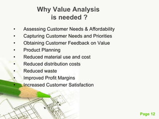 Page 12
Why Value Analysis
is needed ?
• Assessing Customer Needs & Affordability
• Capturing Customer Needs and Priorities
• Obtaining Customer Feedback on Value
• Product Planning
• Reduced material use and cost
• Reduced distribution costs
• Reduced waste
• Improved Profit Margins
• Increased Customer Satisfaction
 