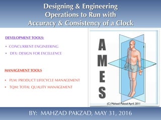 MANAGEMENT TOOLS
• PLM: PRODUCT LIFECYCLE MANAGEMENT
• TQM: TOTAL QUALITY MANAGEMENT
1
Designing & Engineering
Operations to Run with
Accuracy & Consistency of a Clock
DEVELOPMENT TOOLS:
• CONCURRENT ENGINEERING
• DFX: DESIGN FOR EXCELLENCE
BY: MAHZAD PAKZAD, MAY 31, 2016
 