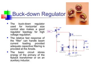 Buck-down Regulator
 The buck-down regulator
used for horizontal size
control also makes a good
regulator topology for high
voltage regulation.
 The relative fast response of
the “filter” can handle beam
current loading provided
adequate capacitive filtering is
provided at the Anode.
 The basic circuit stores
energy of the primary of the
flyback transformer or on an
auxiliary inductor.
PWM
T1
Bsase Drive
C1
FlyBack cap
C2
S cap
D1
Damper Diode
Q1
H. Switch
DY
H. Yoke
T2
FlyBack Transformer
B+
D2
DIODE
Q2
 