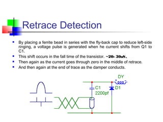 Retrace Detection
 By placing a ferrite bead in series with the fly-back cap to reduce left-side
ringing, a voltage pulse is generated when he current shifts from Q1 to
C1.
 This shift occurs in the fall time of the transistor. ~20- 30nS.
 Then again as the current goes through zero in the middle of retrace.
 And then again at the end of trace as the damper conducts.
 