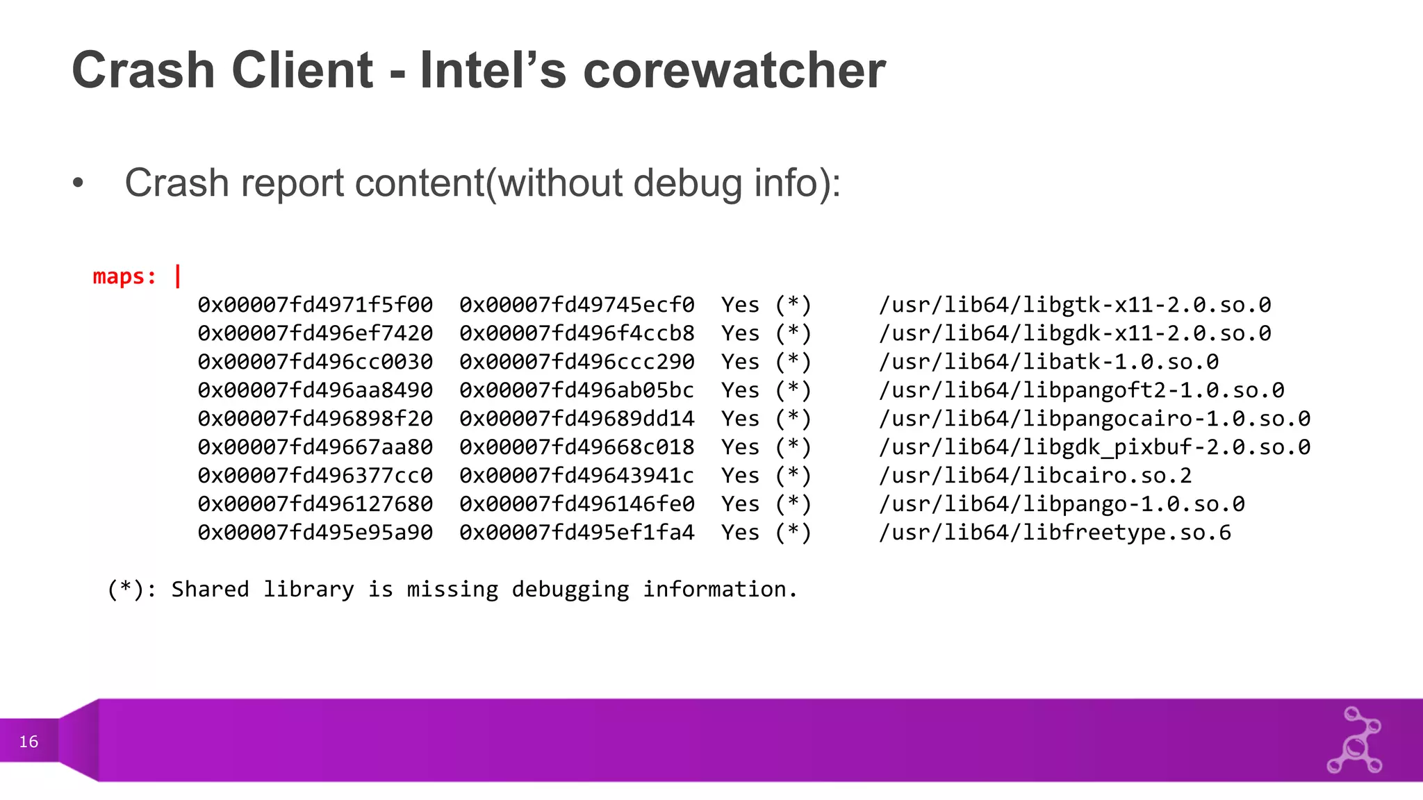 16
Crash Client - Intel’s corewatcher
• Crash report content(without debug info):
maps: |
0x00007fd4971f5f00 0x00007fd49745ecf0 Yes (*) /usr/lib64/libgtk-x11-2.0.so.0
0x00007fd496ef7420 0x00007fd496f4ccb8 Yes (*) /usr/lib64/libgdk-x11-2.0.so.0
0x00007fd496cc0030 0x00007fd496ccc290 Yes (*) /usr/lib64/libatk-1.0.so.0
0x00007fd496aa8490 0x00007fd496ab05bc Yes (*) /usr/lib64/libpangoft2-1.0.so.0
0x00007fd496898f20 0x00007fd49689dd14 Yes (*) /usr/lib64/libpangocairo-1.0.so.0
0x00007fd49667aa80 0x00007fd49668c018 Yes (*) /usr/lib64/libgdk_pixbuf-2.0.so.0
0x00007fd496377cc0 0x00007fd49643941c Yes (*) /usr/lib64/libcairo.so.2
0x00007fd496127680 0x00007fd496146fe0 Yes (*) /usr/lib64/libpango-1.0.so.0
0x00007fd495e95a90 0x00007fd495ef1fa4 Yes (*) /usr/lib64/libfreetype.so.6
(*): Shared library is missing debugging information.
 